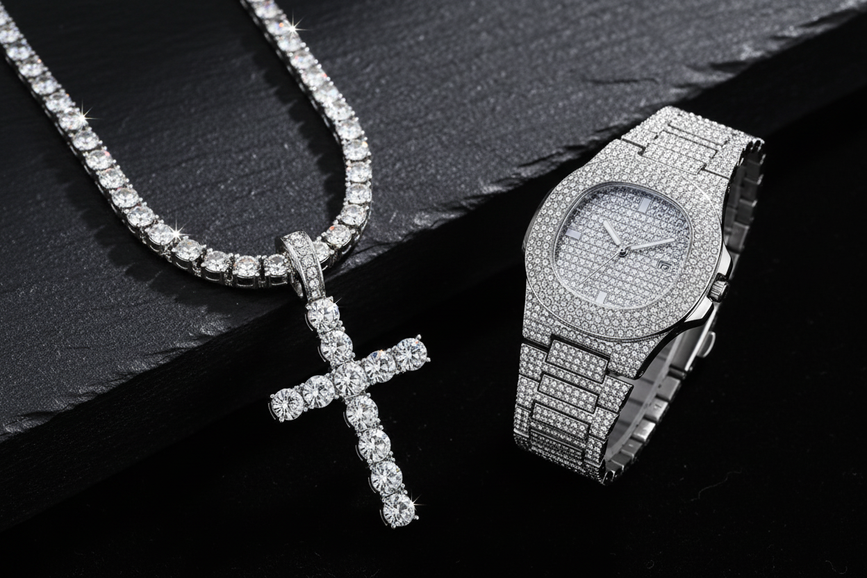 SILVARO Hero - zegarek i naszyjnik iced out